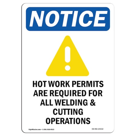 OSHA Notice Sign, Hot Work Permits Are With Symbol, 24in X 18in Decal